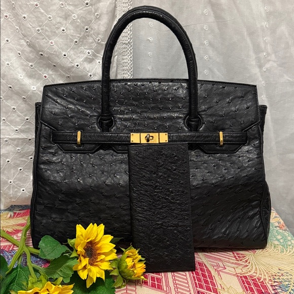 Vintage Black Ostrich Leather Tote + Wallet Set 38x26 - Picture 1 of 11